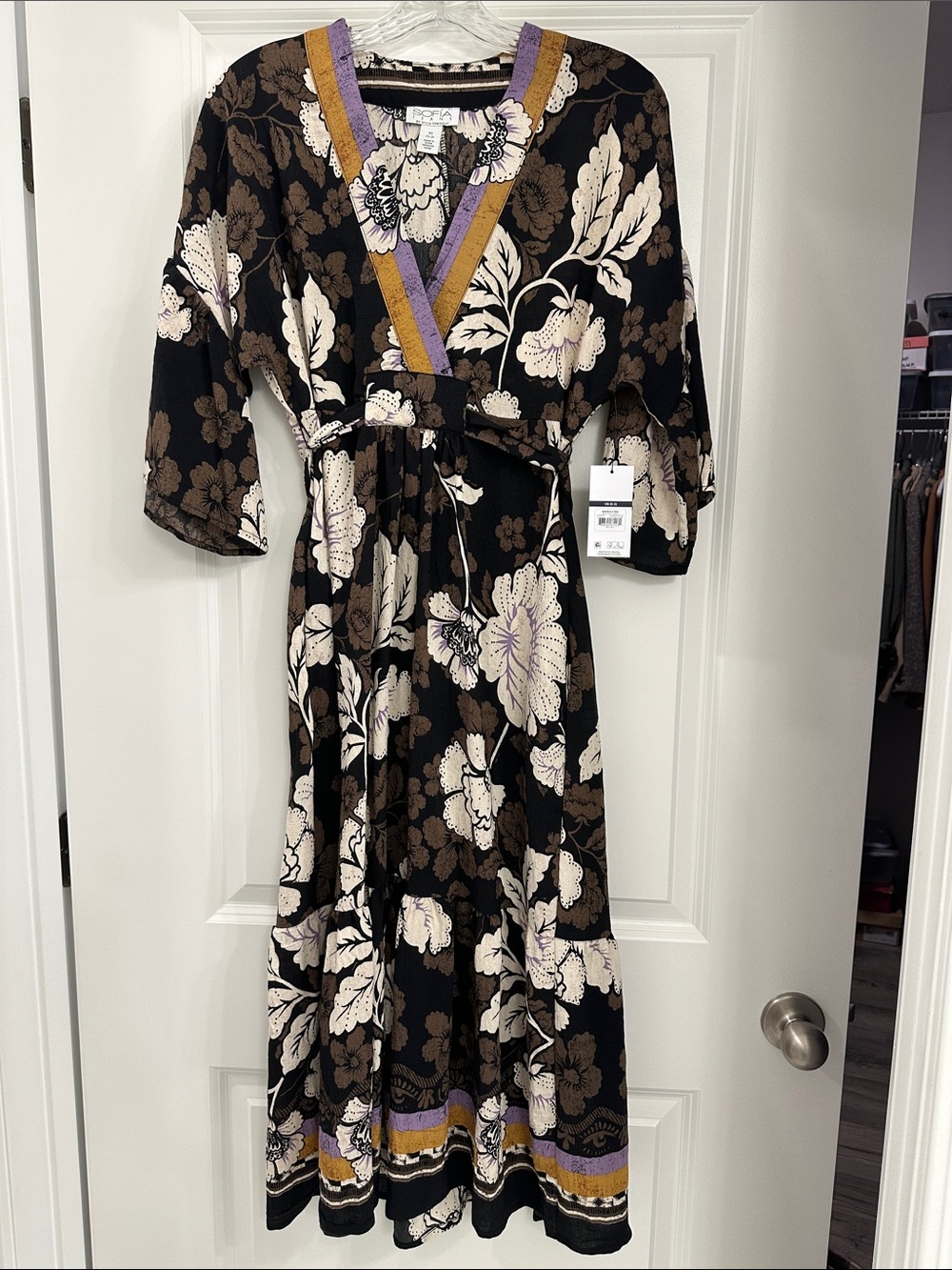 Black Floral Maxi Dress with Contrast Trim and Self-Tie Waist